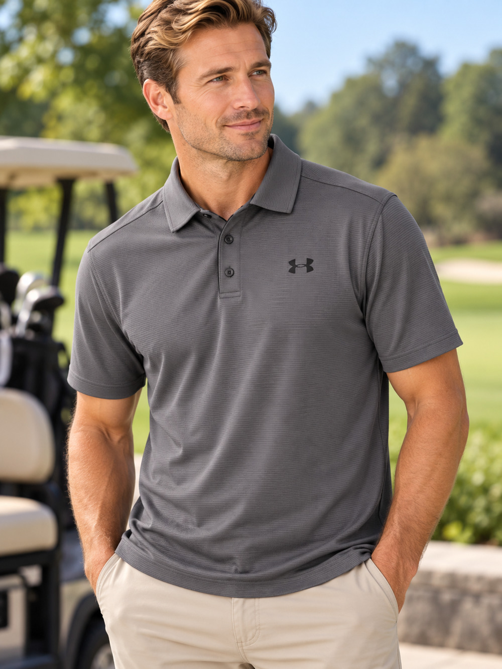 Under Armour HeatGear Mens Golf Polo Shirt M Gray Loose Fit Short Sleeve UA